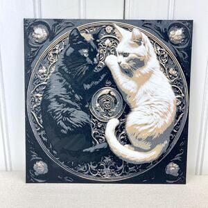 Ying Yang Cats Art Print, Black and White Cat Decor, Feline Mandala Art